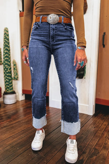 Hazel Blues® |  Folded Cuffs Distressed Straight High Waist Jeans