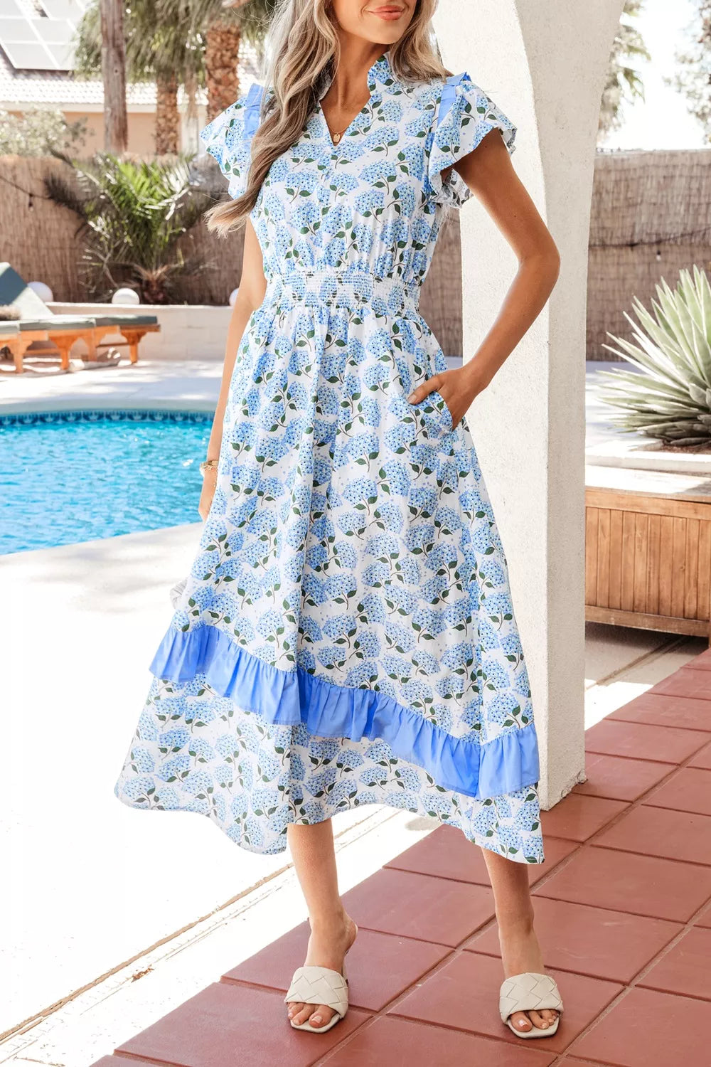 Hazel Blues® |  Hydrangea Floral Print Ruffle Trim Flutter Sleeve Dress