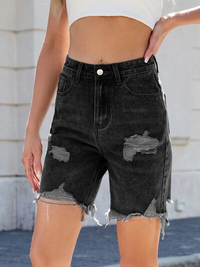 Hazel Blues® |  Distressed Raw Hem Denim Shorts