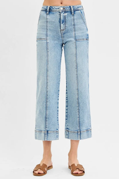 Hazel Blues® | RISEN High Rise Crop Wide Front Seam Detailed Jeans
