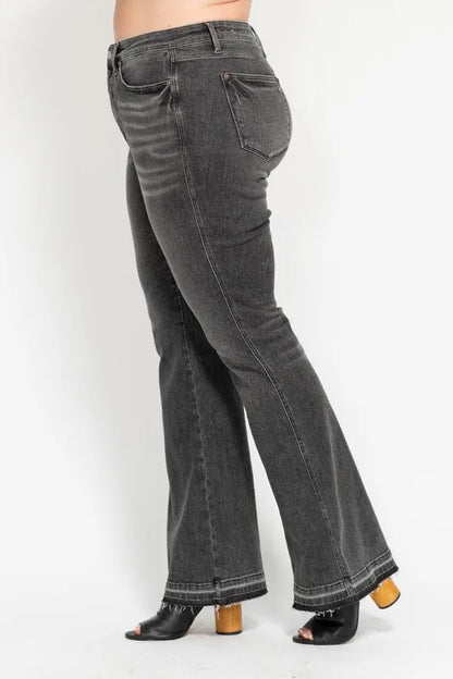 Hazel Blues® | Judy Blue Mid Rise Tummy Control Washed Gray Release Hem Flare Jeans