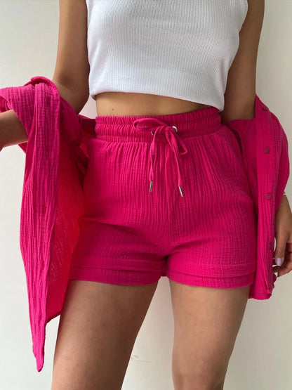 Hazel Blues® |  Textured Button Up Shirt and Shorts Set