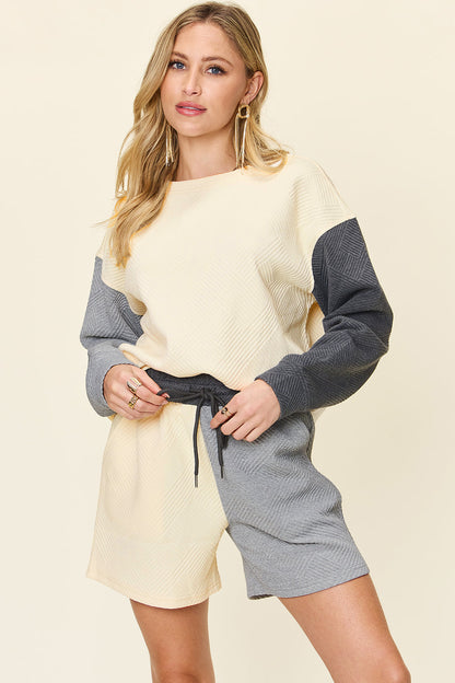 Hazel Blues® |  Double Take Contrast Drop Shoulder Top and Shorts Set