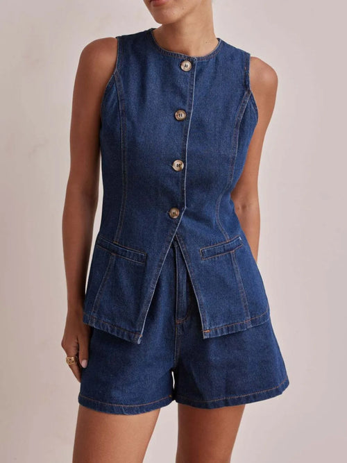 Hazel Blues® |  Button Down Vest and Shorts Denim Set