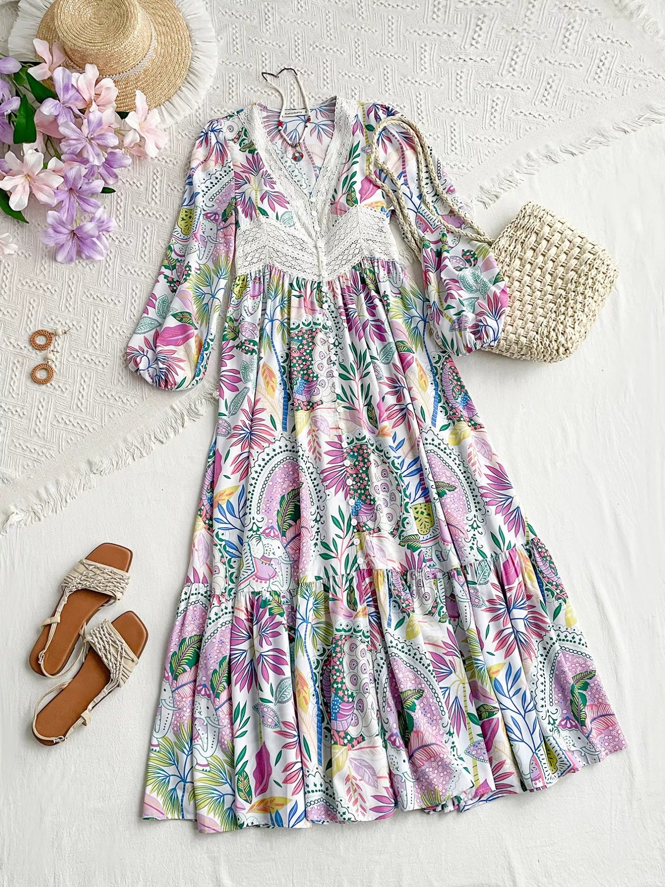 Hazel Blues® |  Lace Detail V-Neck Balloon Sleeve Dress