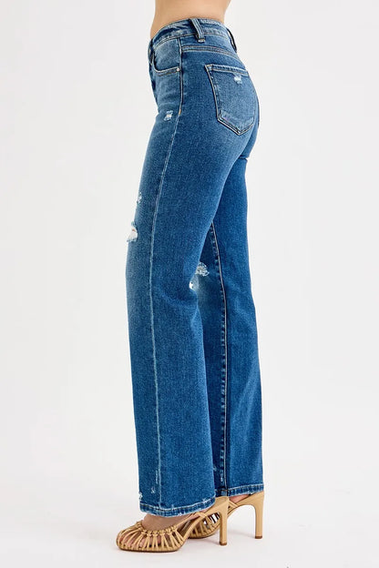 Hazel Blues® | RISEN Tummy Control High Rise Straight Distressed Jeans