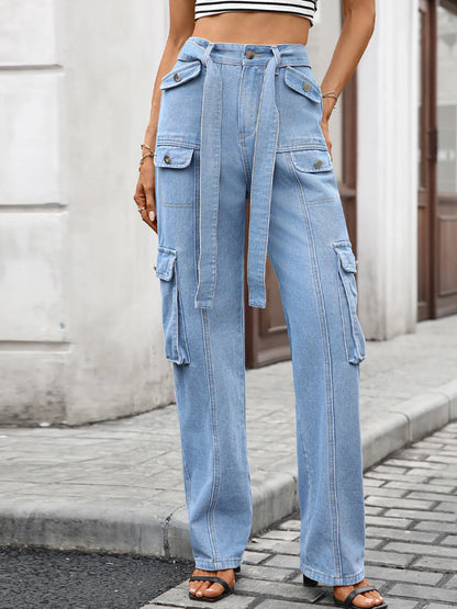 Hazel Blues® |  High-Waisted Multi-Pocket Cargo Jeans