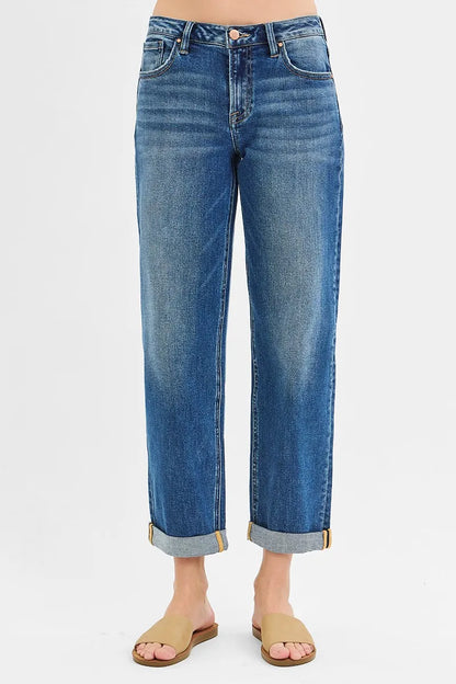 Hazel Blues® | RISEN Mid Rise Boyfriend Roll Up Jeans