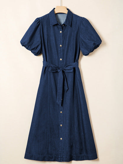 Hazel Blues® |  Belted Button-Down Midi Denim Dress