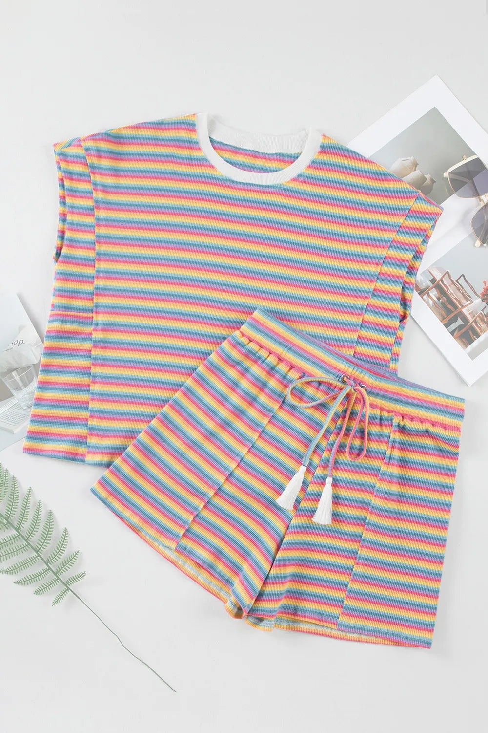 Hazel Blues® |  Striped Round Neck Top and Shorts Set