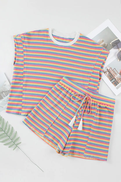 Hazel Blues® |  Striped Round Neck Top and Shorts Set