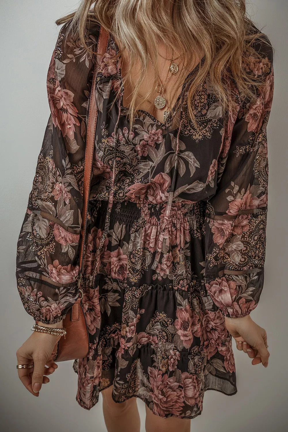 Hazel Blues® |  Floral Print Tie Neck Mini Dress