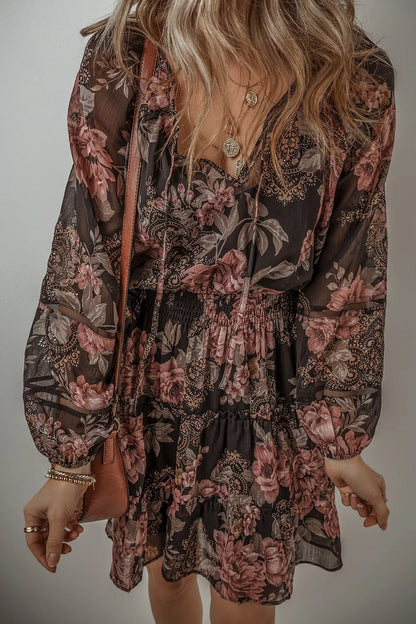 Hazel Blues® |  Floral Print Tie Neck Mini Dress