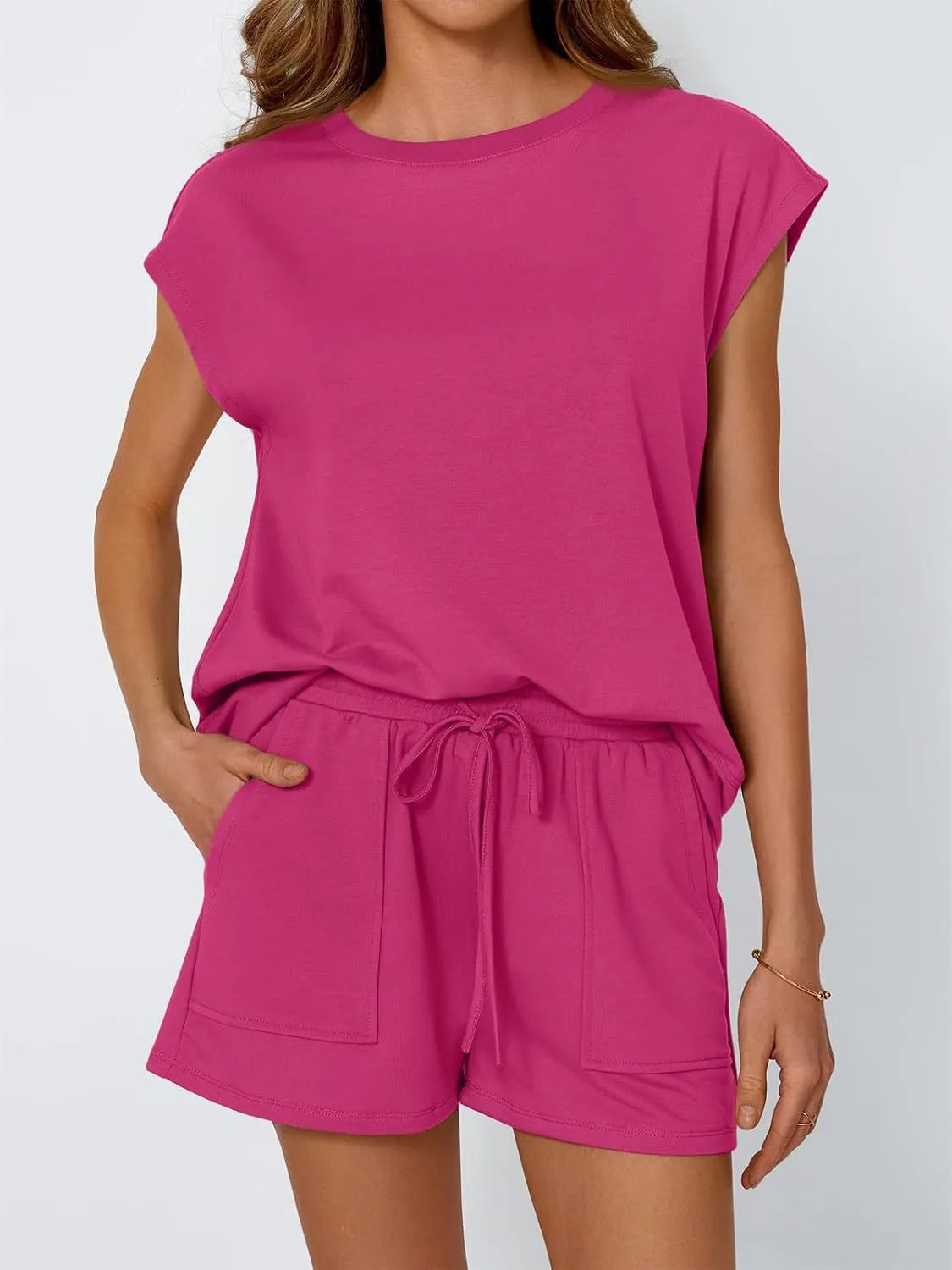 Hazel Blues® |  Round Neck Cap Sleeve Top and Shorts Set