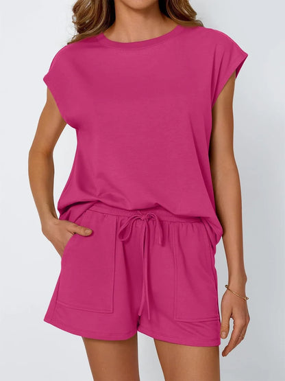 Hazel Blues® |  Round Neck Cap Sleeve Top and Shorts Set