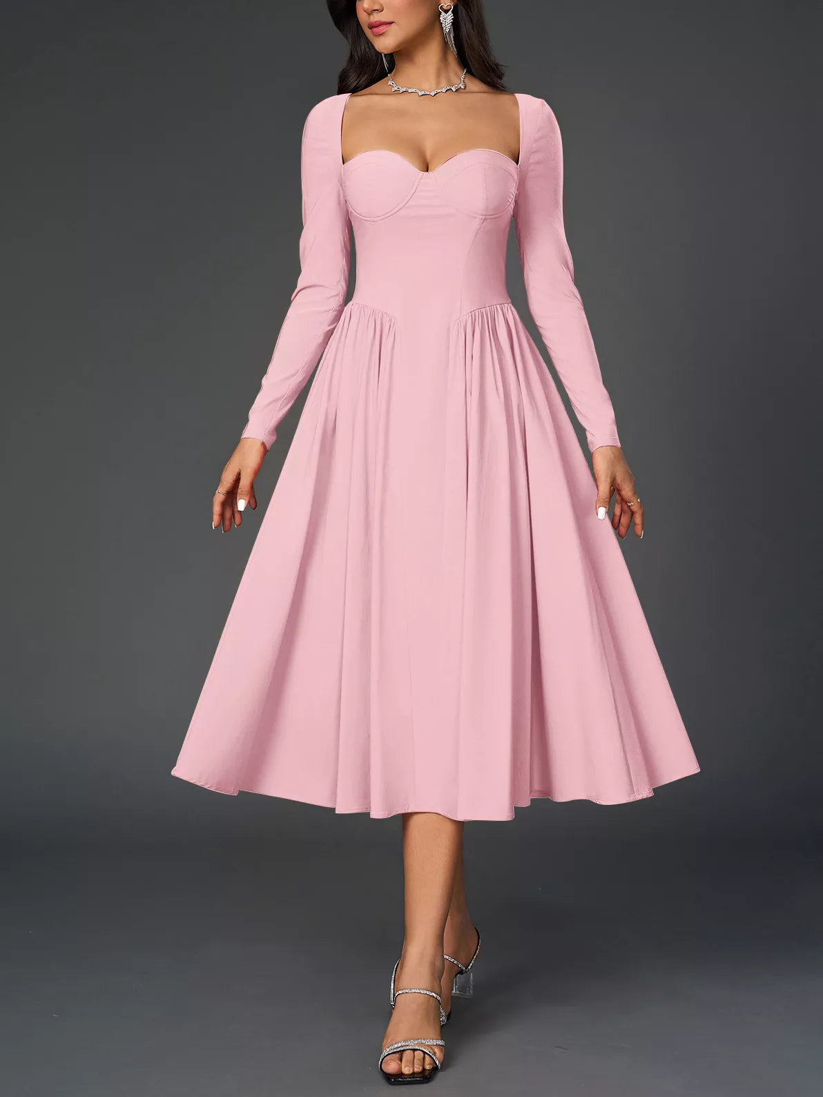Hazel Blues® |  Sweetheart Neckline Long Sleeve A-Line Midi Dress