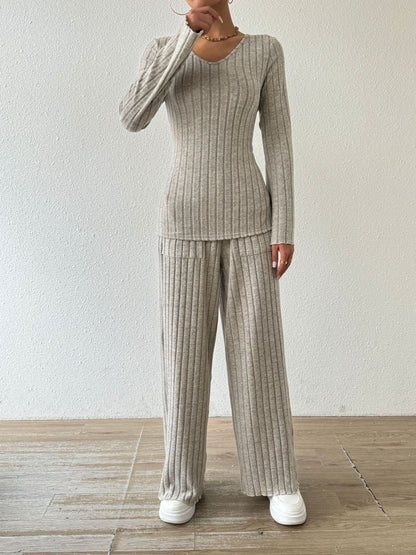 Hazel Blues® |  Ribbed V-Neck Long Sleeve Top and Pocketed Pants Set