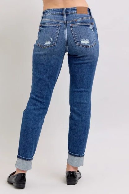 Hazel Blues® | Judy Blue Mid Rise Boyfriend destroy Jeans with Yoke Pockets and Faux Selvedge Cuff