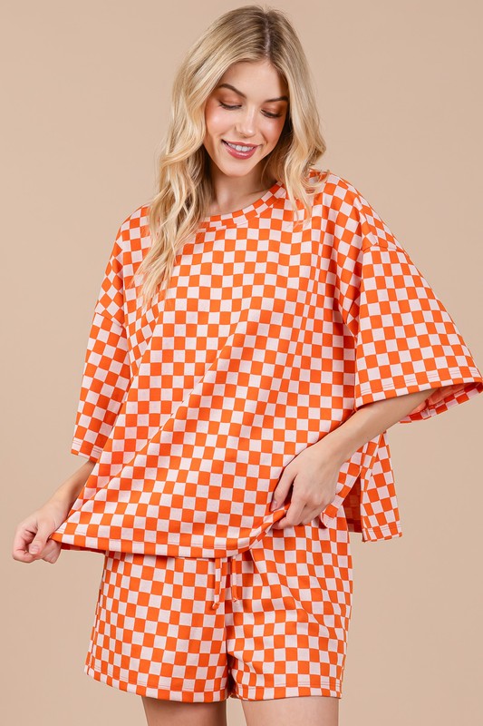 Hazel Blues® |  Ces Femme Checkered Round Neck Top and Shorts Set