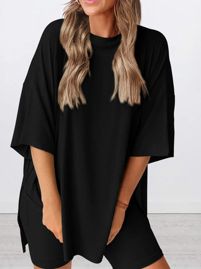 Hazel Blues® | Oversized Slit Round Neck Top and Shorts Lounge Set