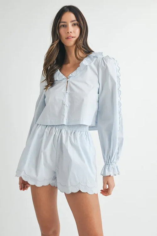Hazel Blues® |  MABLE Long Sleeve Scallop Blouse and Shorts Set
