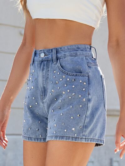 Hazel Blues® |  Rhinestone Washed High Waist Denim Shorts