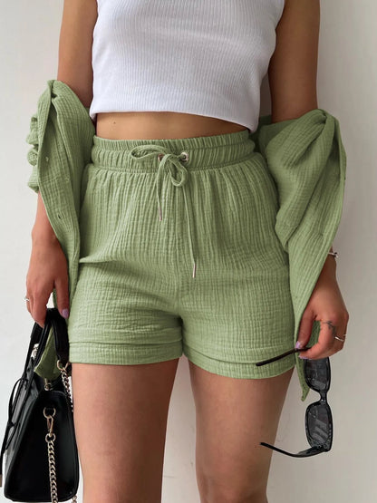 Hazel Blues® |  Textured Button Up Shirt and Shorts Set