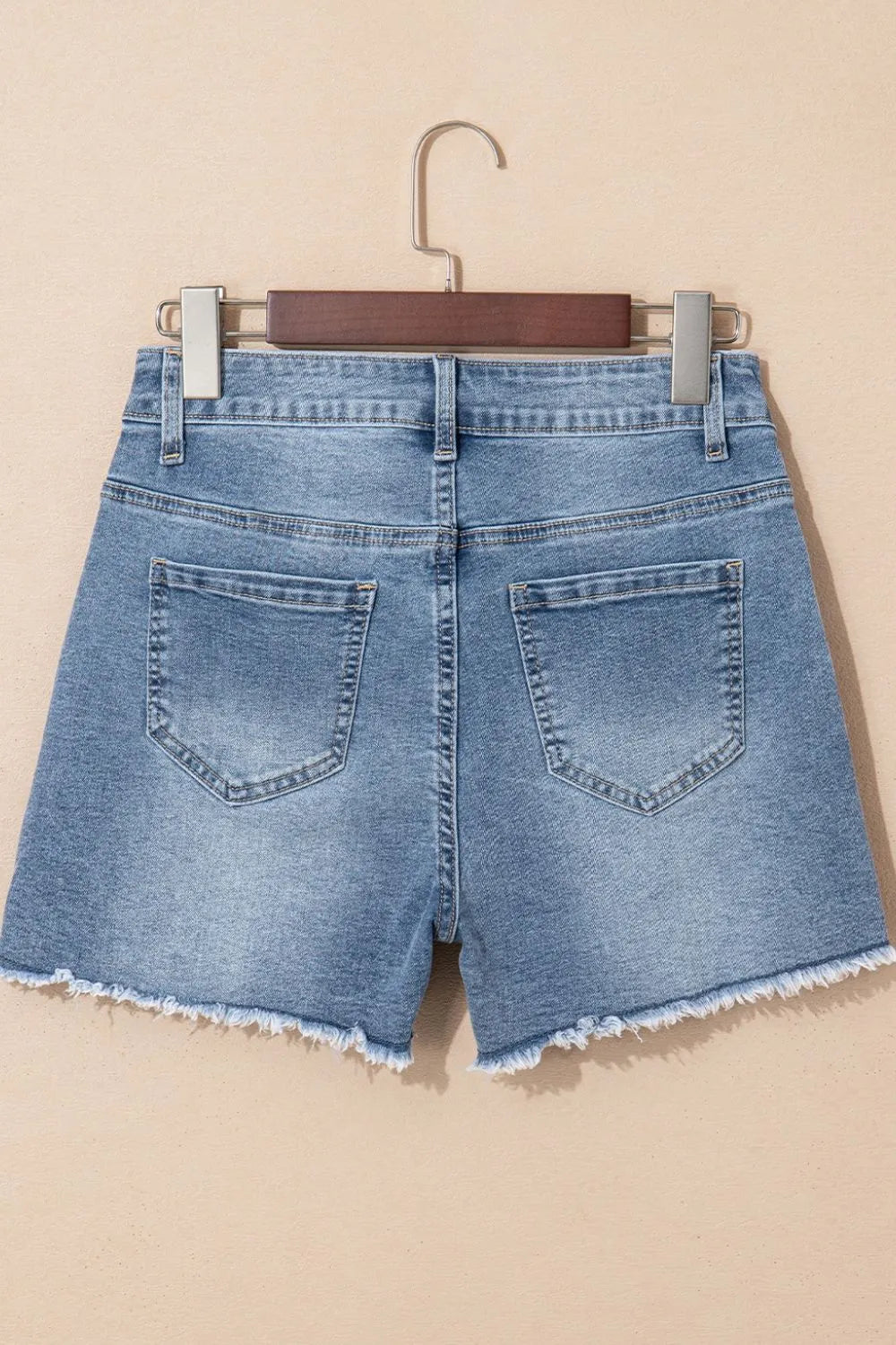 Hazel Blues® |  Pearl Beaded Raw Hem Wash Denim Shorts