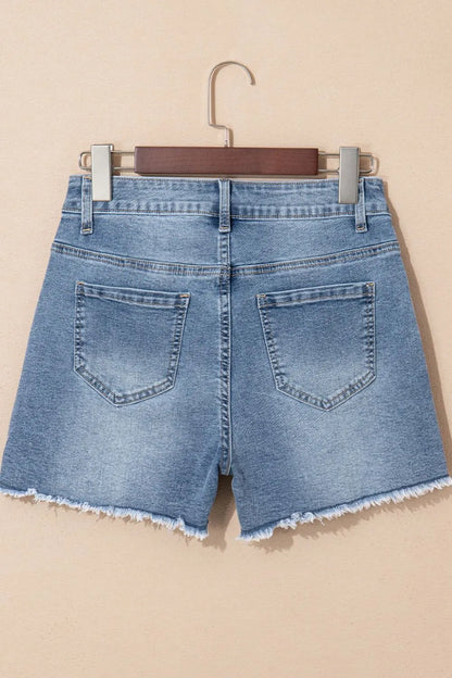 Hazel Blues® |  Pearl Beaded Raw Hem Wash Denim Shorts