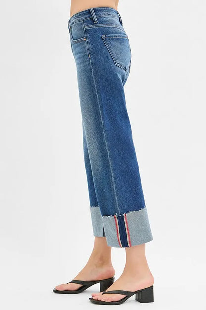 Hazel Blues® | RISEN Tummy Control Mid Rise Crop Wide Cuffed Jeans