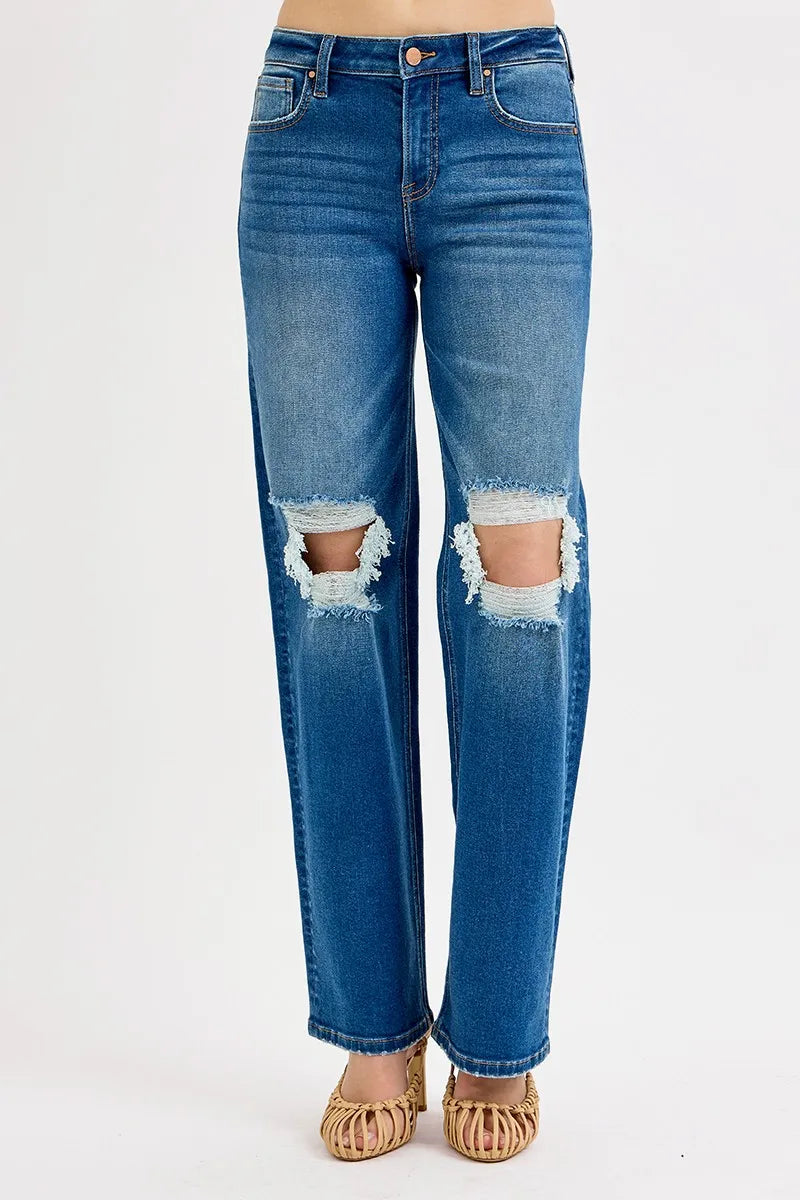 Hazel Blues® | RISEN Mid Waist Fit Boyfriend Knee Distressed Jeans