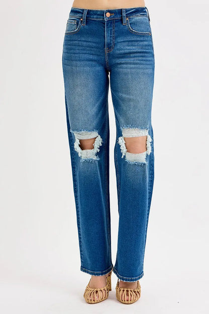 Hazel Blues® | RISEN Mid Waist Fit Boyfriend Knee Distressed Jeans
