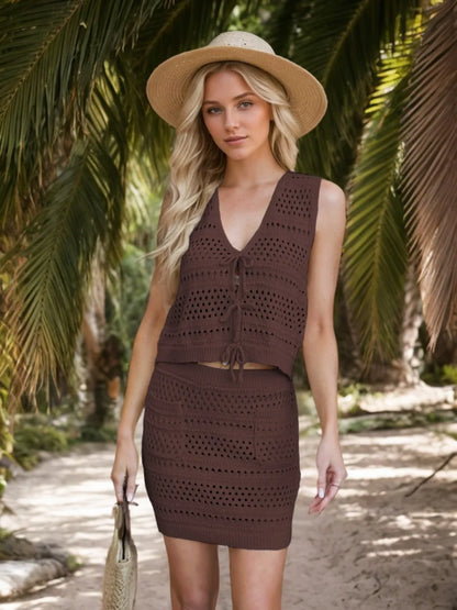 Hazel Blues® |  Openwork V-Neck Top and Skirt Knit Cover Up Set