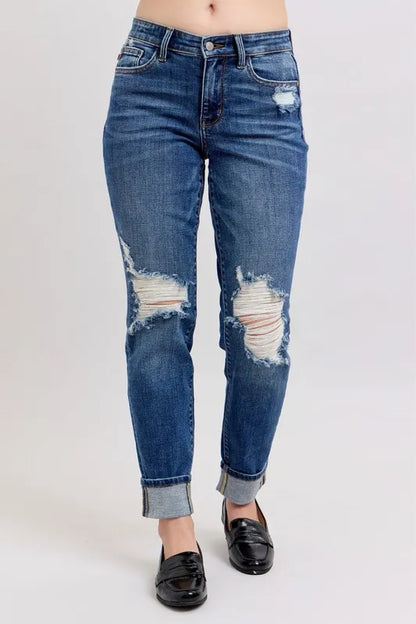 Hazel Blues® | Judy Blue Mid Rise Boyfriend destroy Jeans with Yoke Pockets and Faux Selvedge Cuff