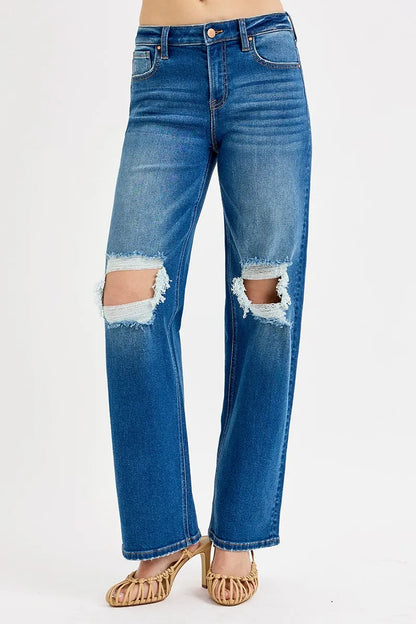 Hazel Blues® | RISEN Mid Waist Fit Boyfriend Knee Distressed Jeans