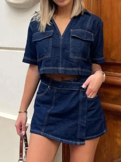 Hazel Blues® |  Johnny Collar Short Sleeve Top and Skort Denim Set