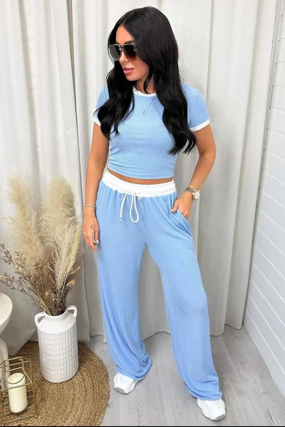 Hazel Blues® |  Contrast Trim Round Neck Top and Pants Set