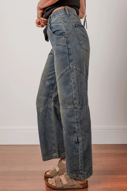 Hazel Blues® |  Exposed Stitching Loose Straight High Waist Jeans