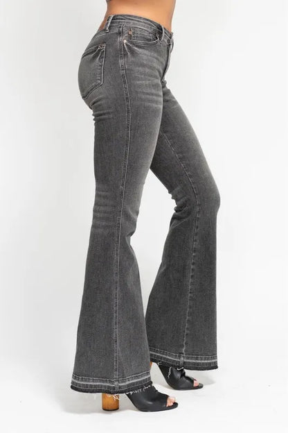 Hazel Blues® | Judy Blue Mid Rise Tummy Control Washed Gray Release Hem Flare Jeans