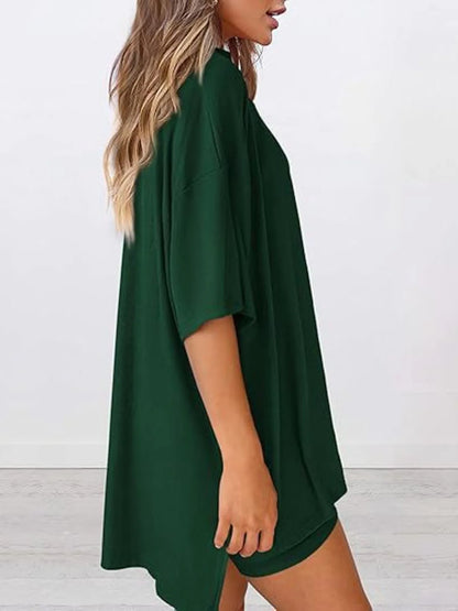 Hazel Blues® | Oversized Slit Round Neck Top and Shorts Lounge Set