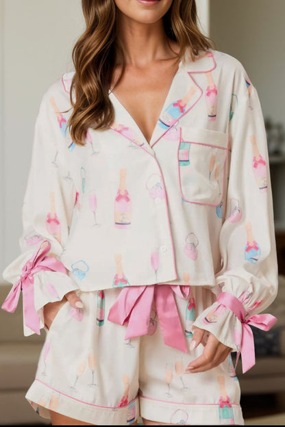 Hazel Blues® |  Bow Printed Collared Neck Top and Drawstring Shorts Lounge Set