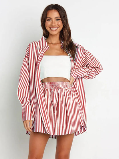 Hazel Blues® |  Striped Dropped Shoulder Shirt and Shorts Set