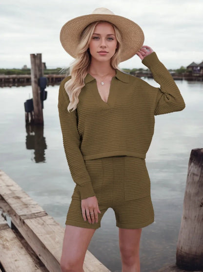 Hazel Blues® |  Johnny Collar Long Sleeve Top and Shorts Sweater Set