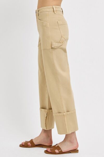 Hazel Blues® | RISEN High Rise Wide Straight Cuffed Patch Jeans