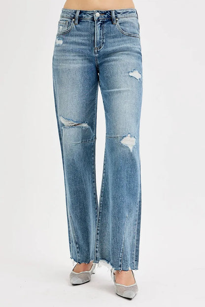 Hazel Blues® | RISEN Mid Rise Fit Wide Baggy Leg Tie Washed Jeans