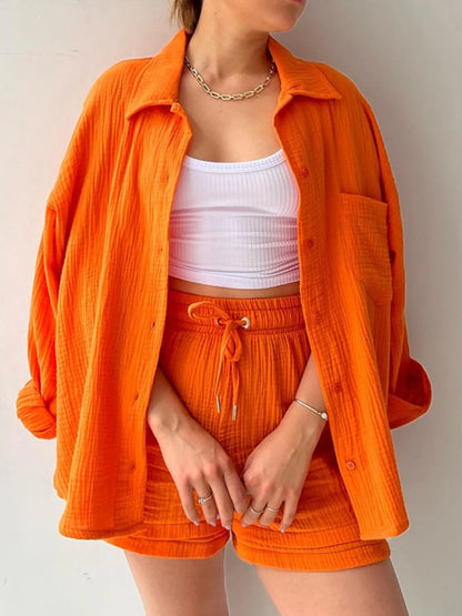Hazel Blues® |  Textured Button Up Shirt and Shorts Set