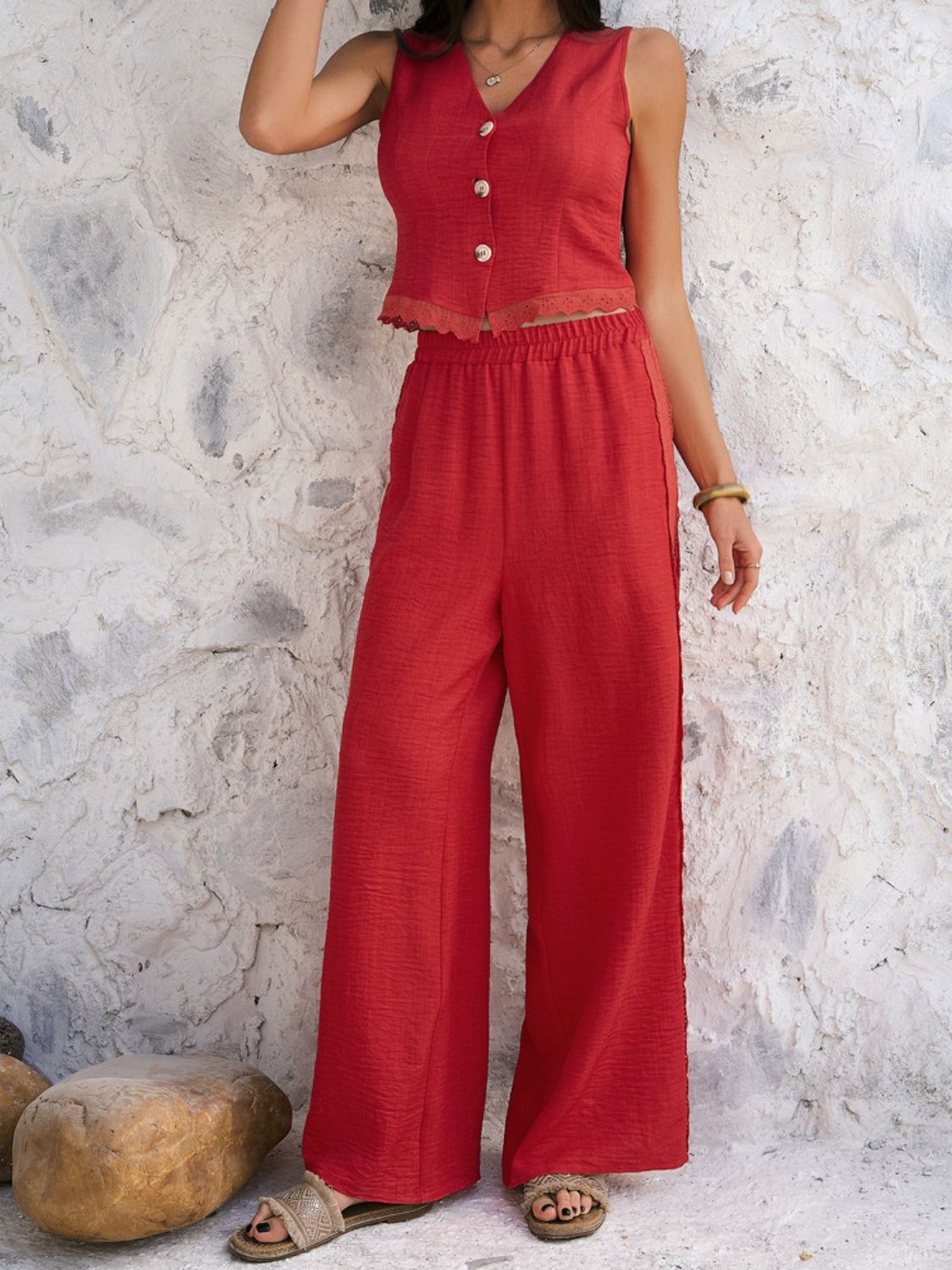 Hazel Blues® |  Devine Button Down Lace Detail Vest and Pants Set