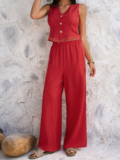 Hazel Blues® |  Devine Button Down Lace Detail Vest and Pants Set