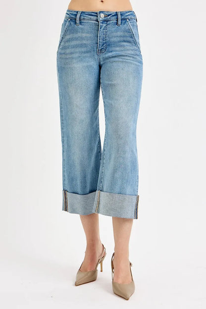 Hazel Blues® | RISEN Tummy Control High Rise Ankle Wide Cuffed Jeans