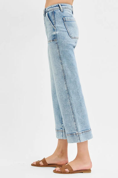 Hazel Blues® | RISEN High Rise Crop Wide Front Seam Detailed Jeans